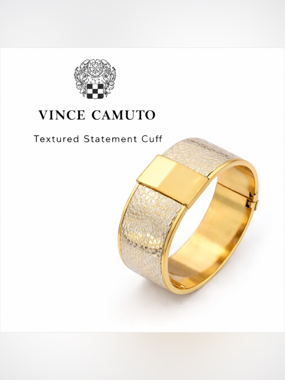 Vince Camuto Gold Tone Wide Metallic Textured Hinged cuff bracelet Statement